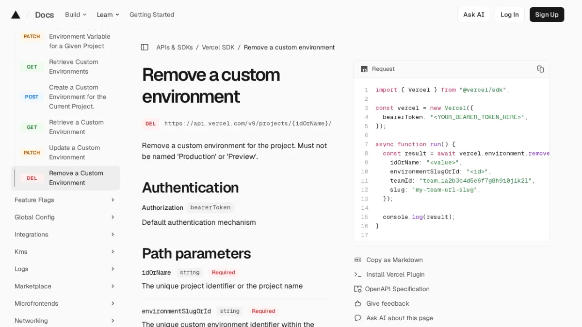 Remove a custom environment | Vercel SDK