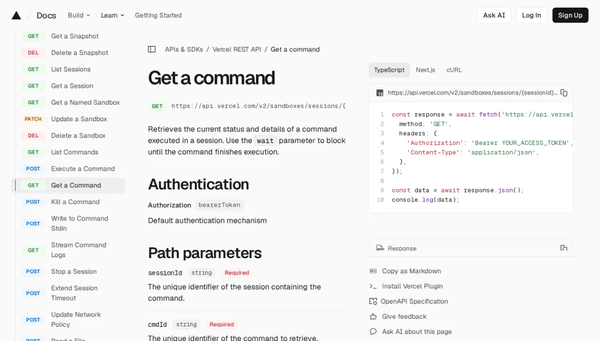 Get a command | Vercel REST API