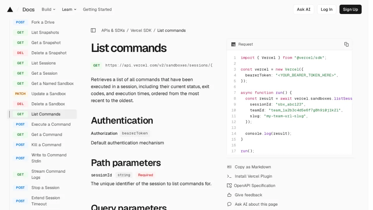 List commands | Vercel SDK