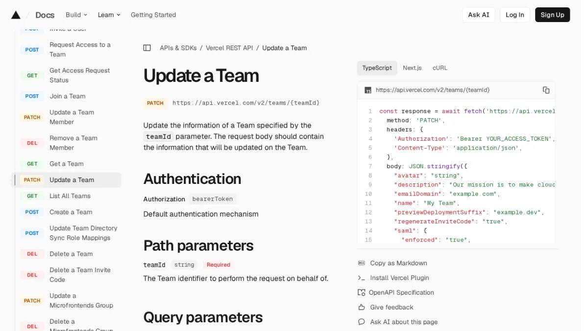 Update a Team | Vercel REST API