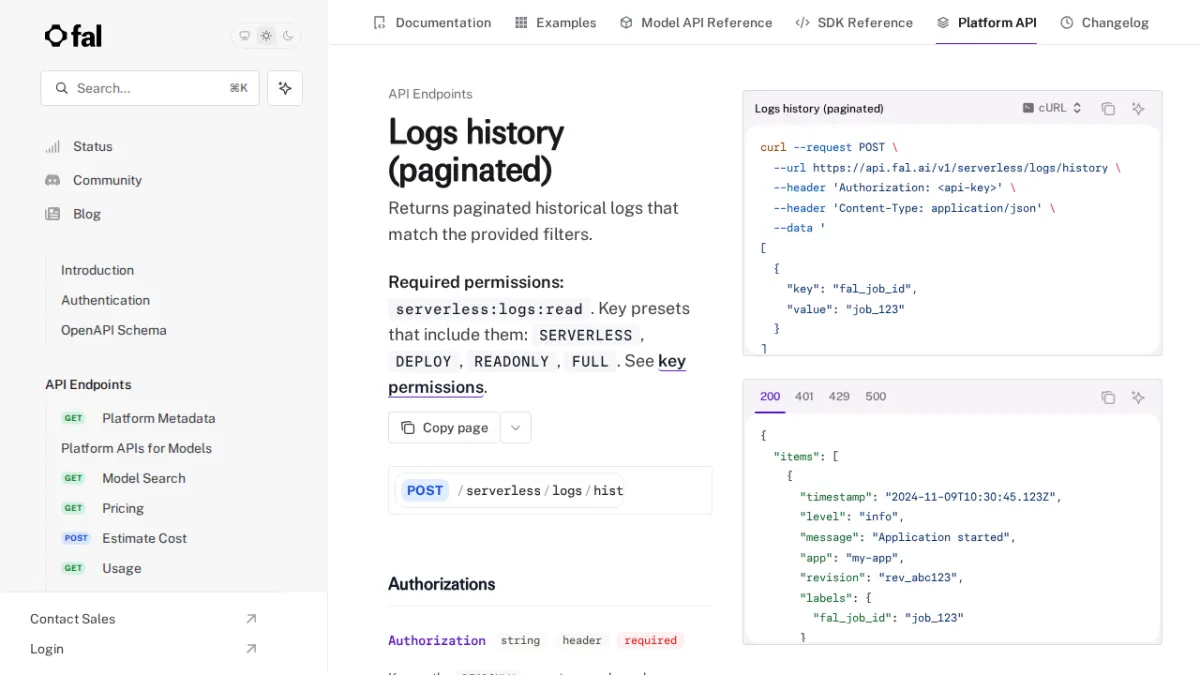 Logs history (paginated) - fal