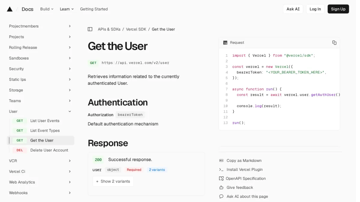 Get the User | Vercel SDK