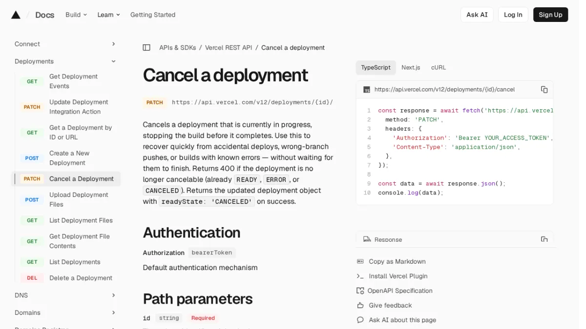 Cancel a deployment | Vercel REST API