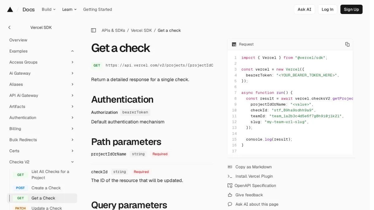 Get a check | Vercel SDK