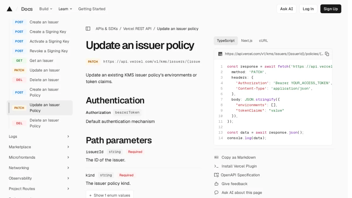 Update an issuer policy | Vercel REST API