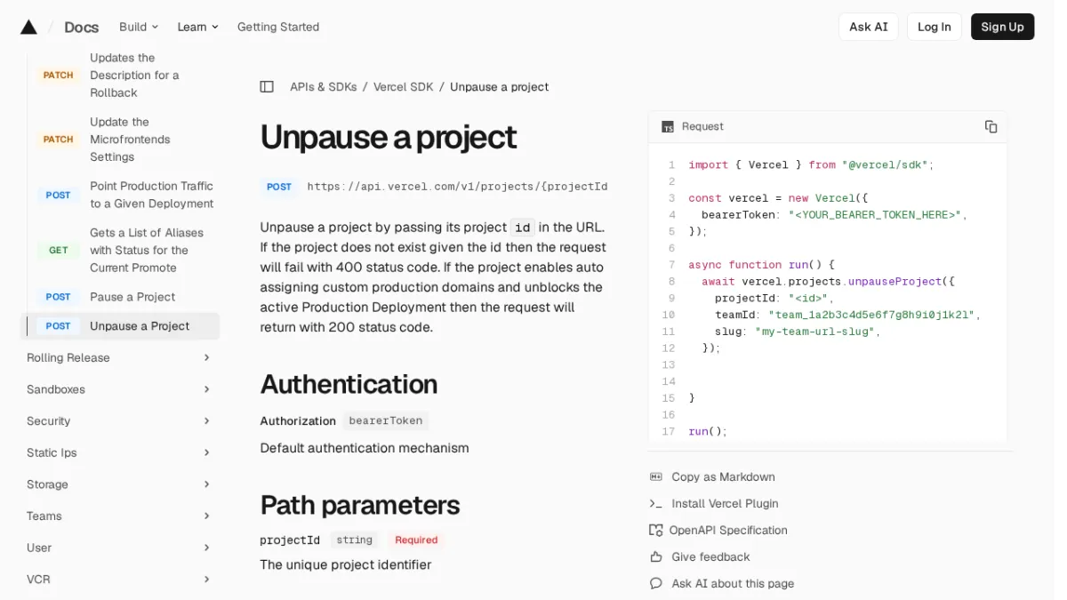 Unpause a project | Vercel SDK