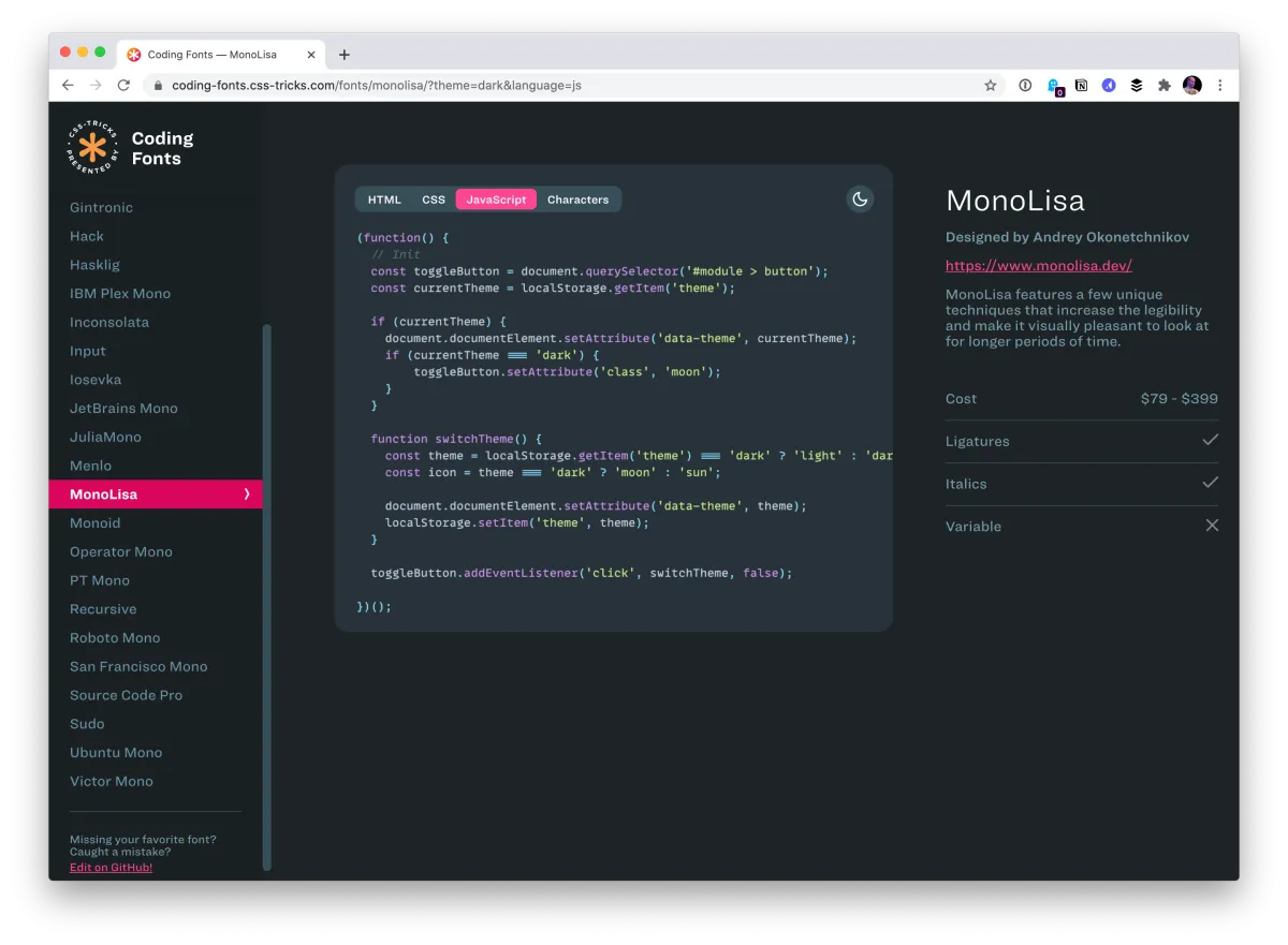 A Microsite Showcasing Coding Fonts