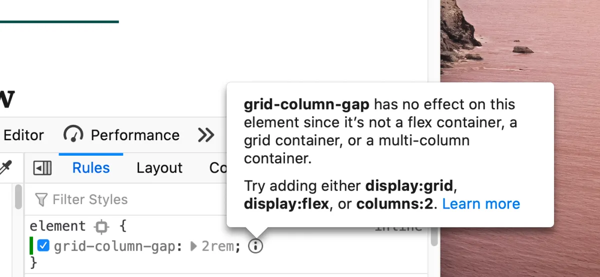 Understand why CSS has no effect with the Inactive CSS rules indicator in Firefox DevTools
