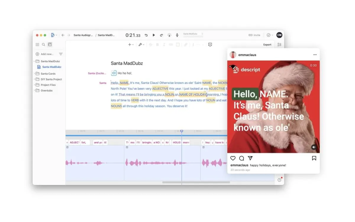 New in Descript: Santa's voice and animated captions