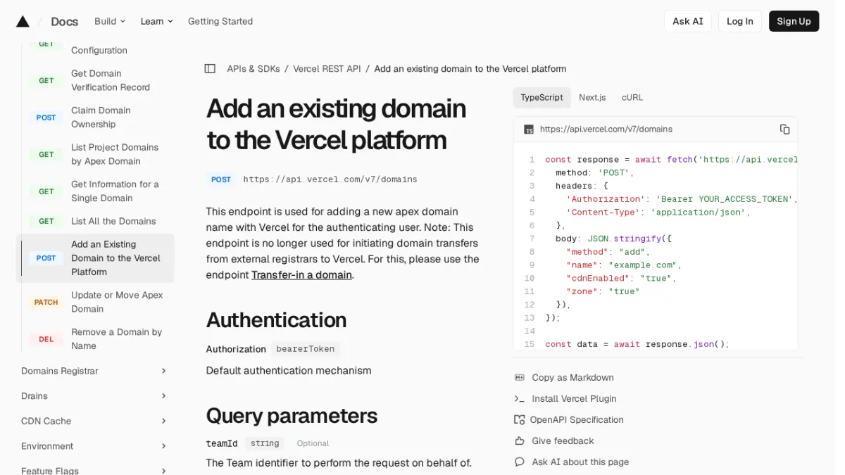 Add an existing domain to the Vercel platform