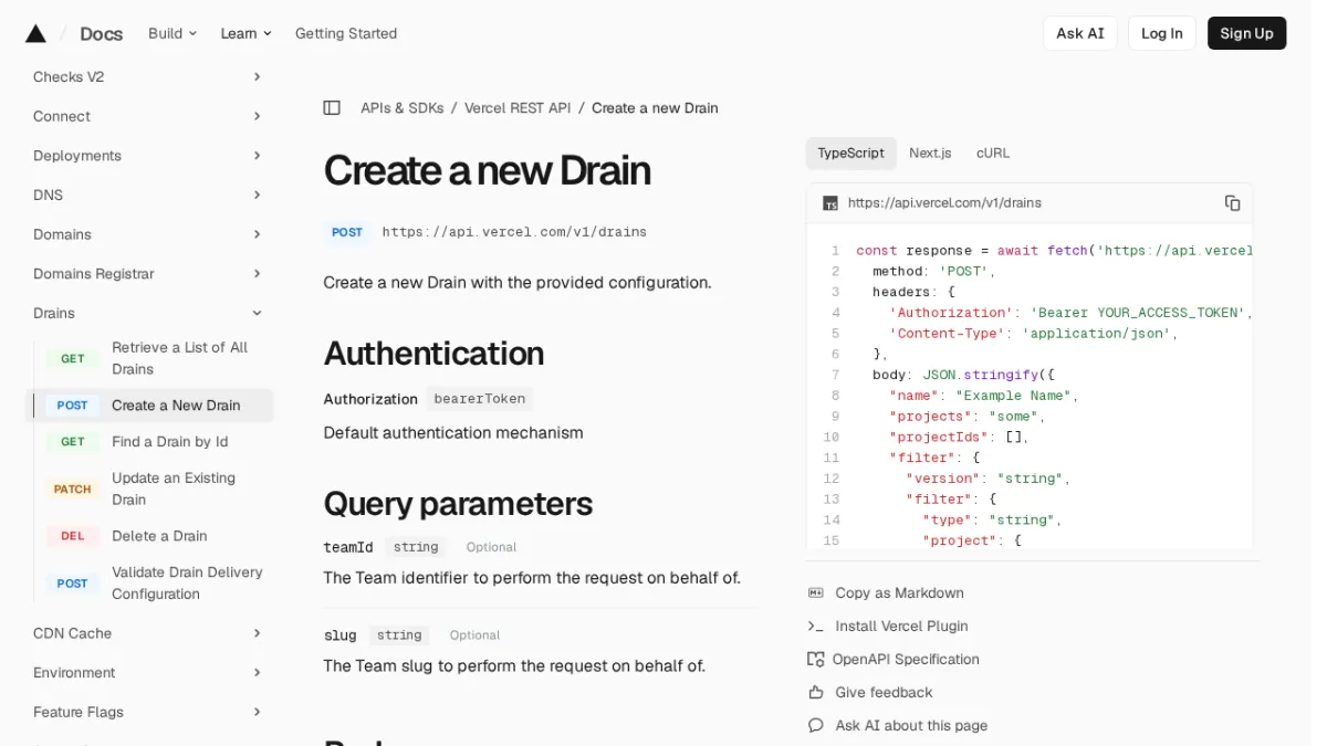 Create a new Drain | Vercel REST API