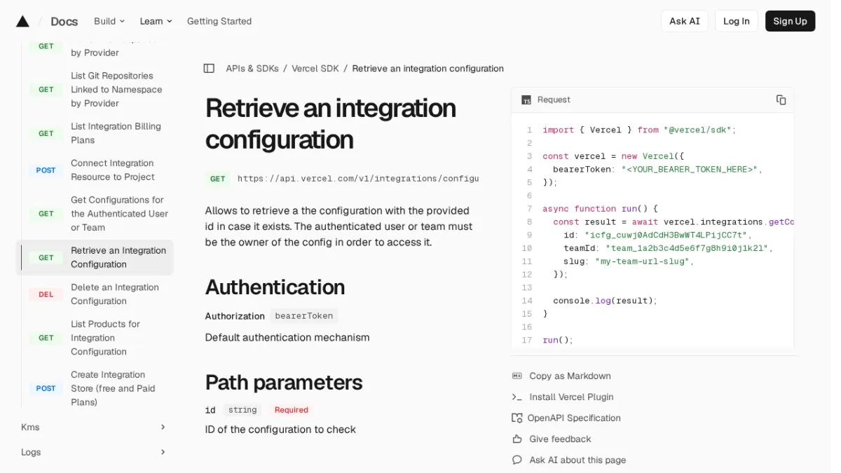 Retrieve an integration configuration | Vercel SDK
