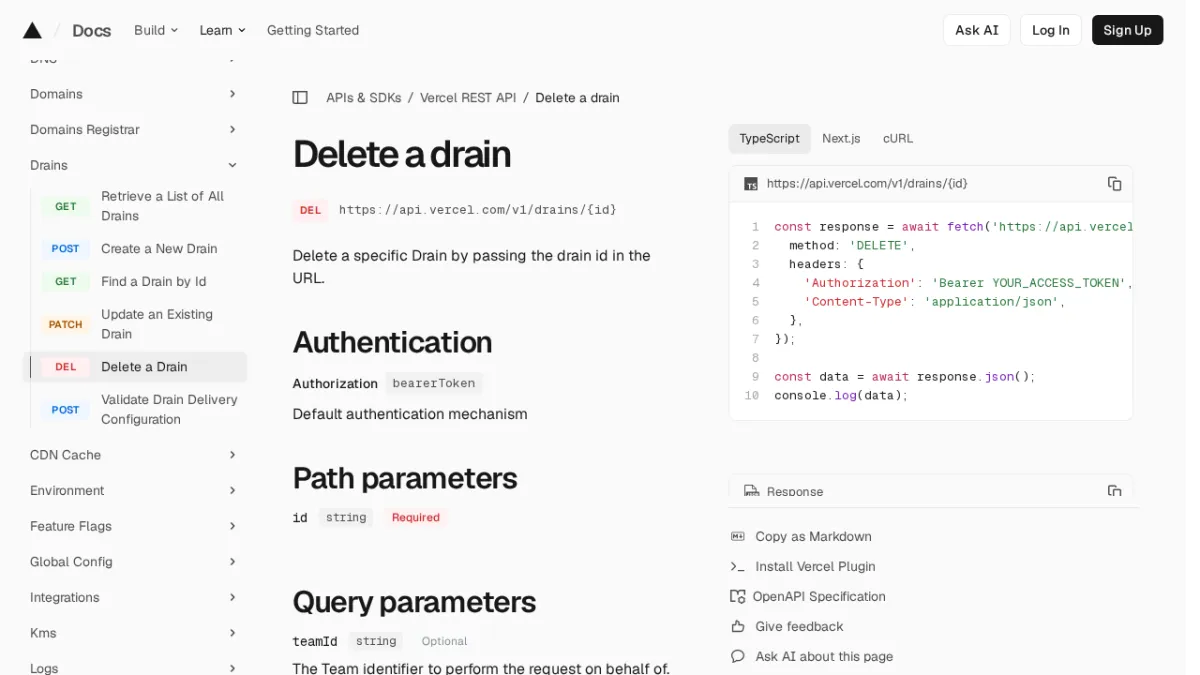 Delete a drain | Vercel REST API