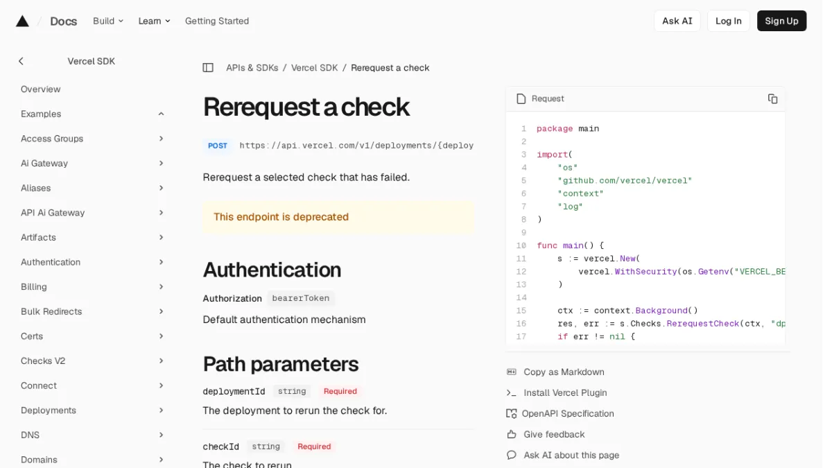 Rerequest a check | Vercel SDK