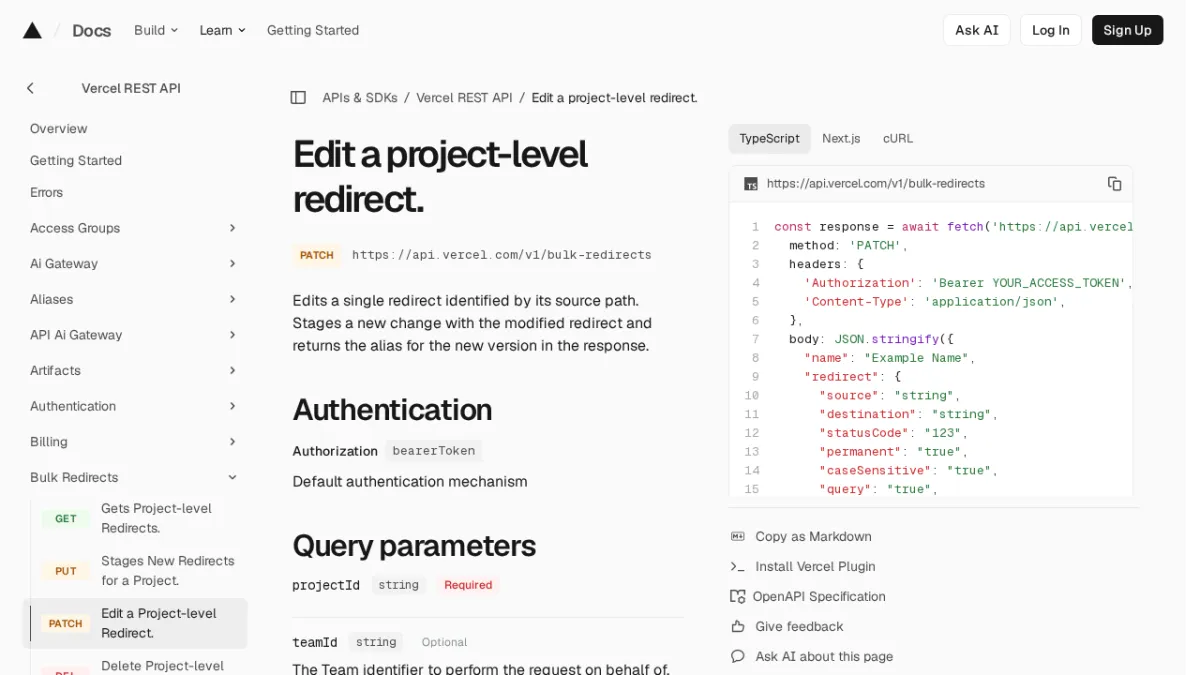 Edit a project-level redirect. | Vercel REST API