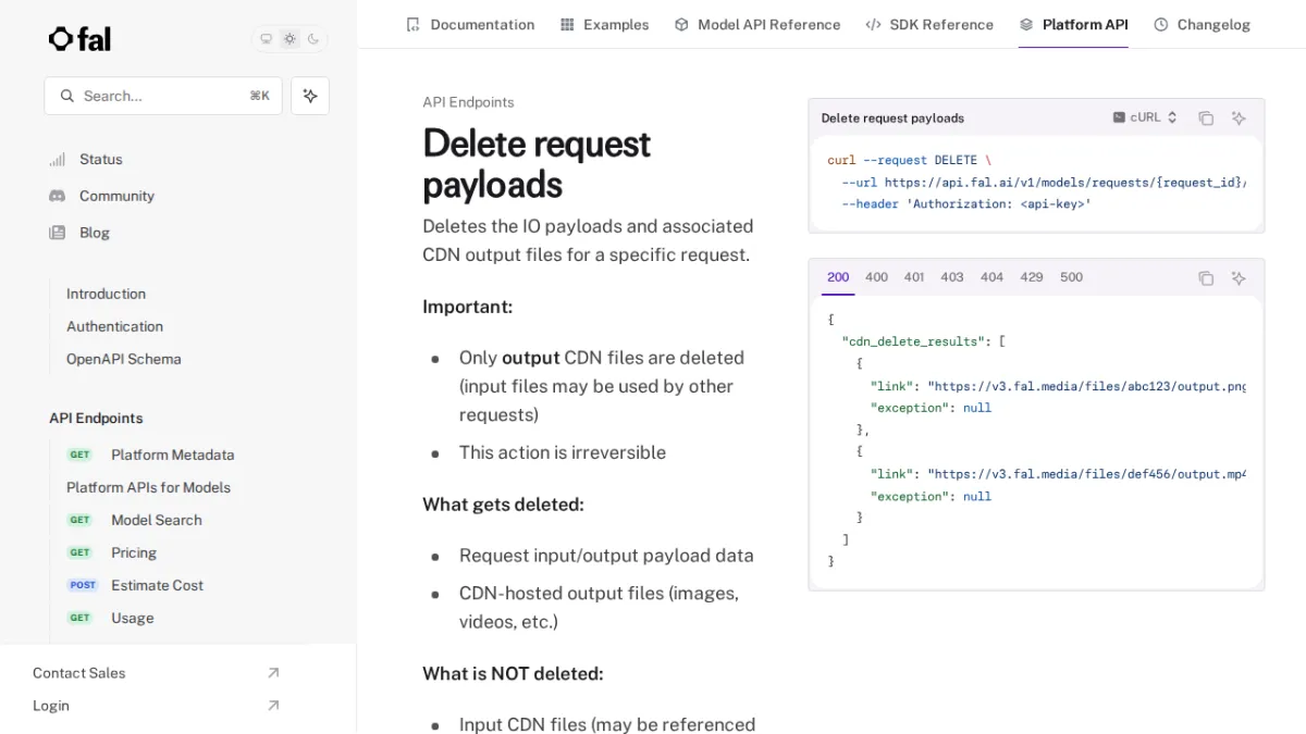 Delete request payloads - fal