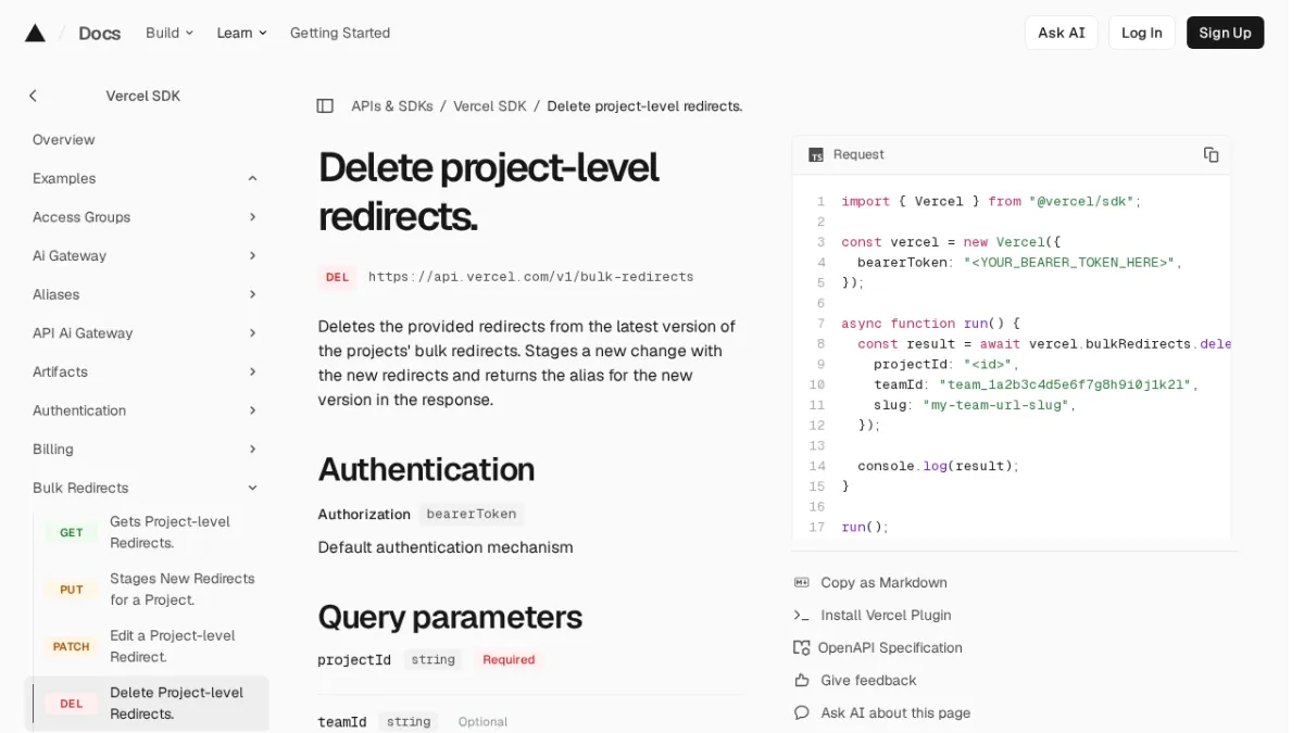 Delete project-level redirects. | Vercel SDK