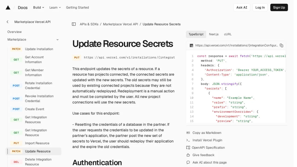 Update Resource Secrets | Vercel API