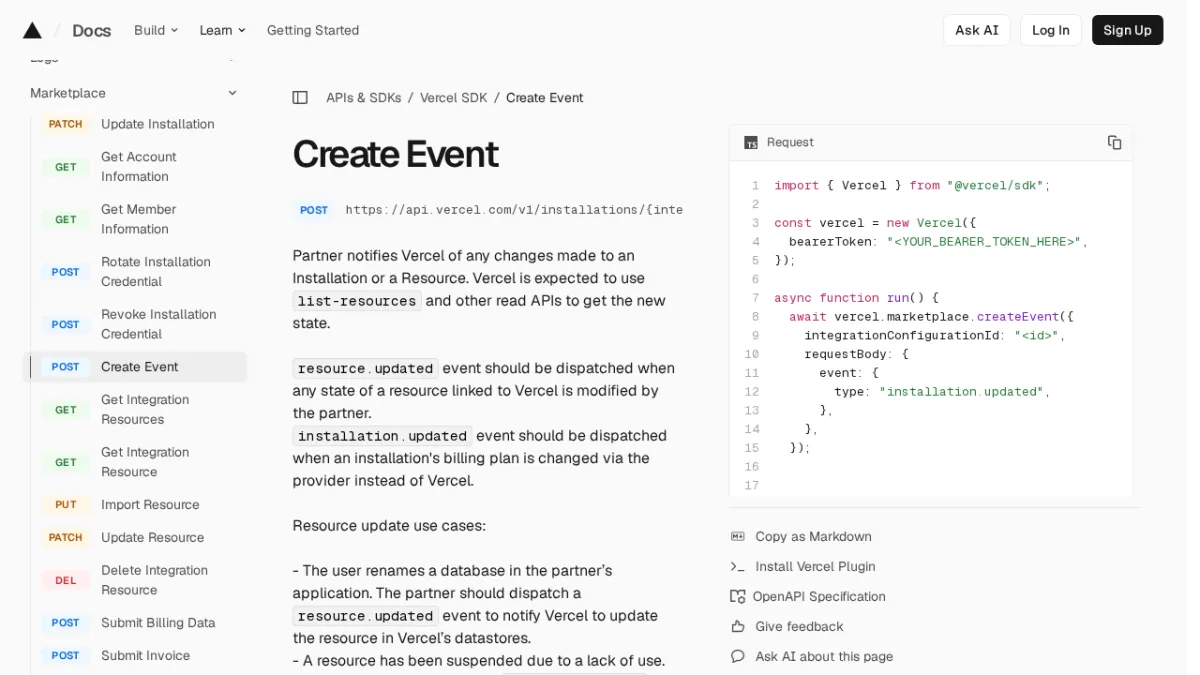 Create Event | Vercel SDK