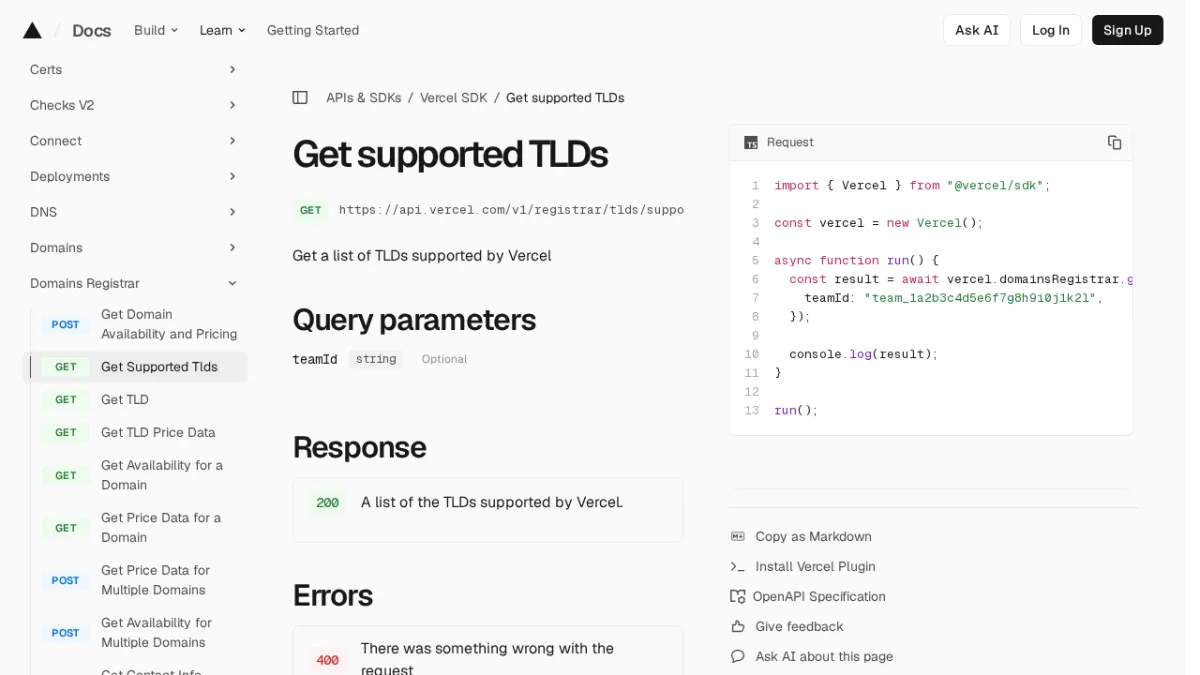 Get supported TLDs | Vercel SDK