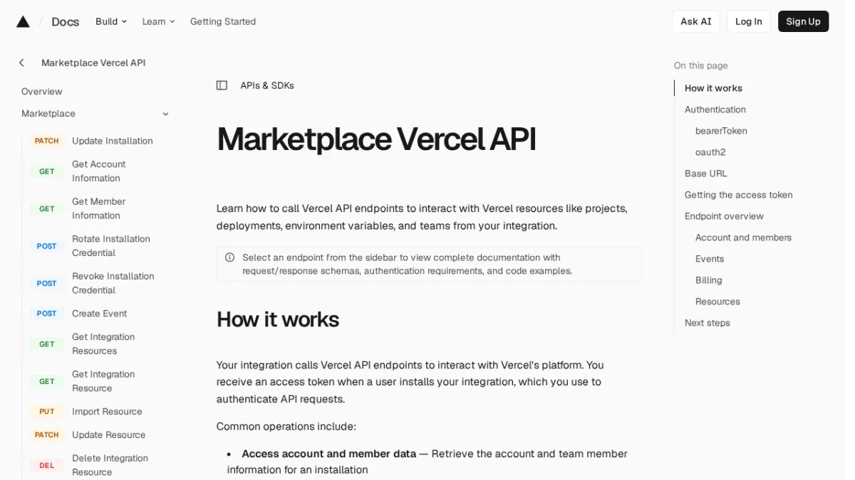 Marketplace Vercel API Reference