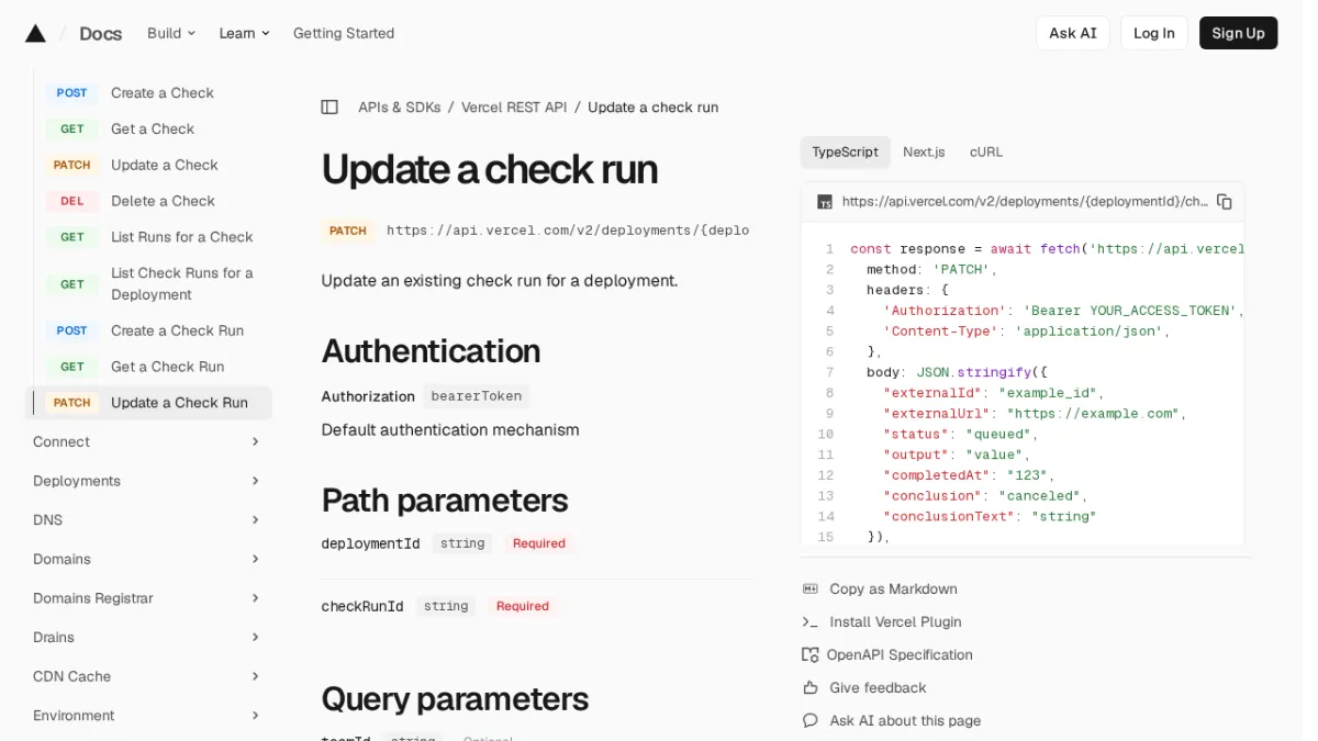 Update a check run | Vercel REST API