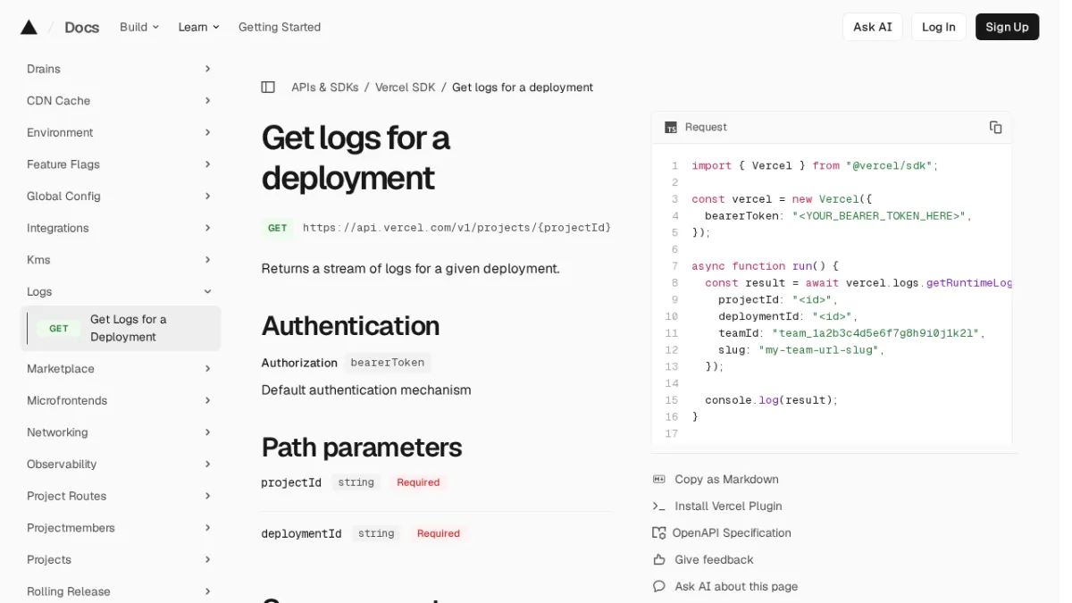 Get logs for a deployment | Vercel SDK