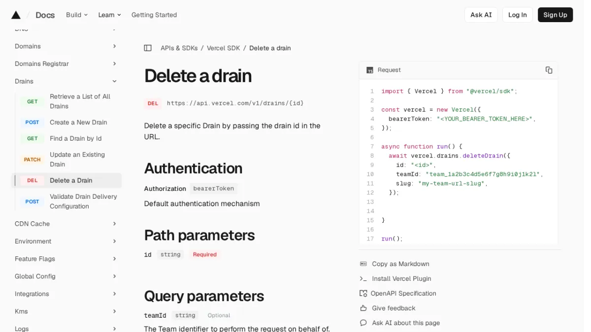 Delete a drain | Vercel SDK