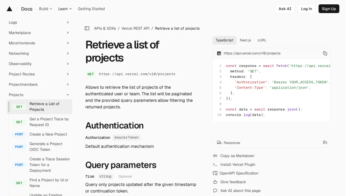 Retrieve a list of projects | Vercel REST API