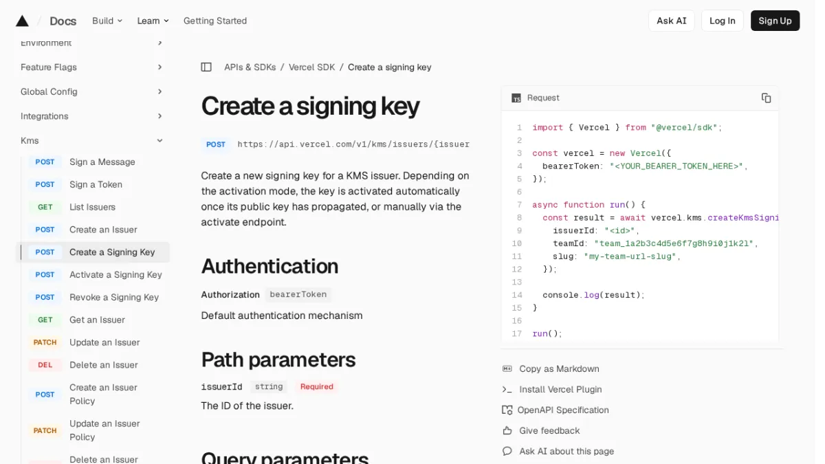 Create a signing key | Vercel SDK