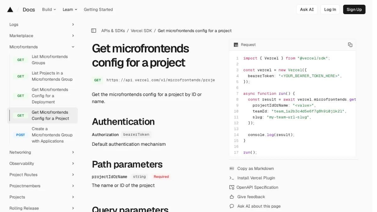 Get microfrontends config for a project | Vercel SDK