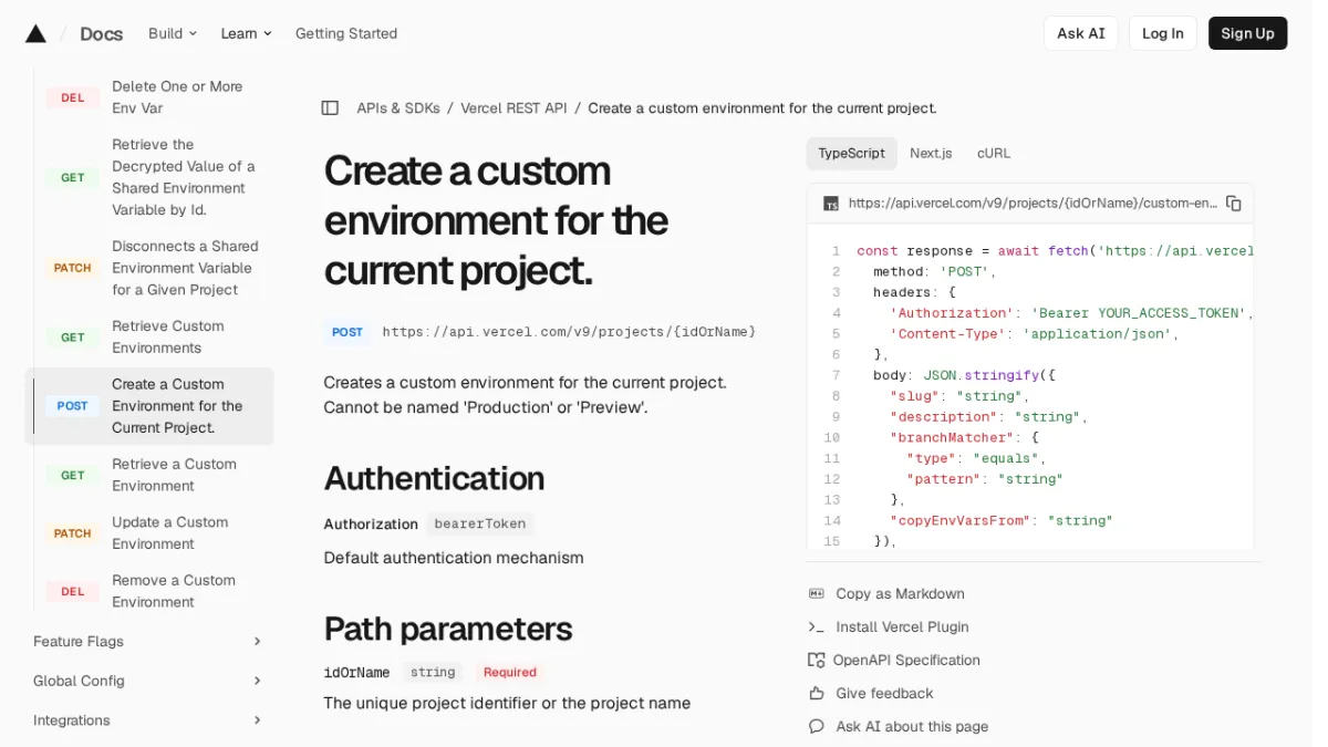 Create a custom environment for the current project. | Vercel REST API