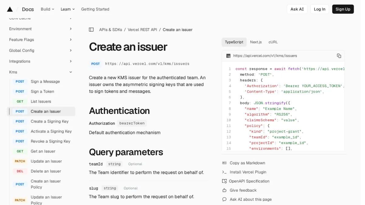 Create an issuer | Vercel REST API