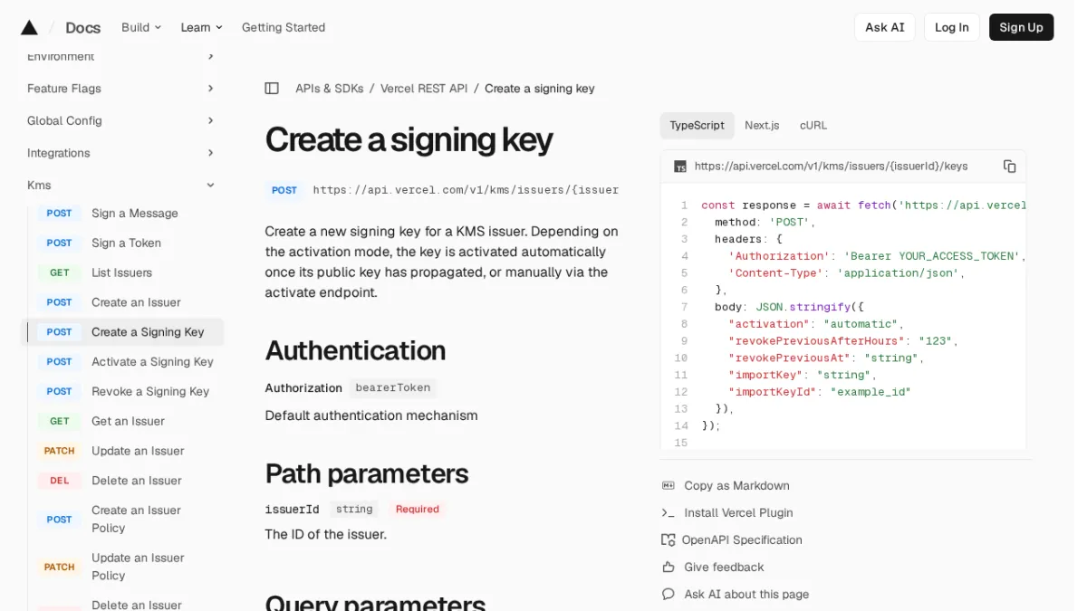 Create a signing key | Vercel REST API