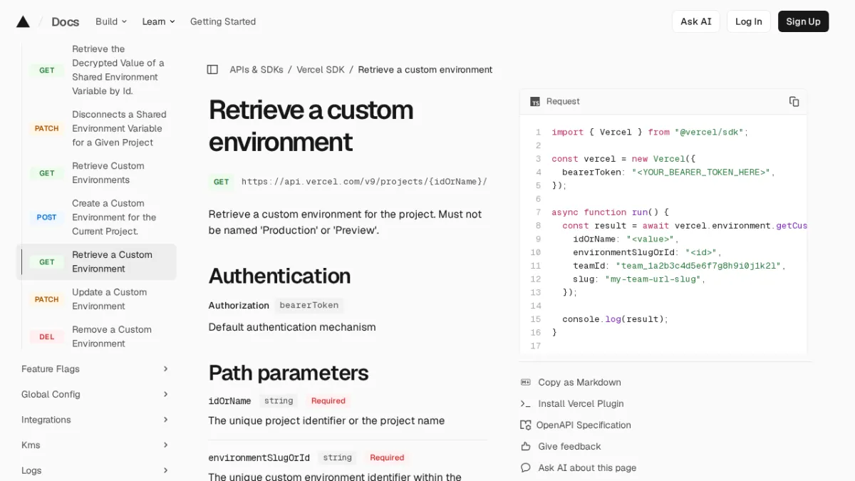Retrieve a custom environment | Vercel SDK