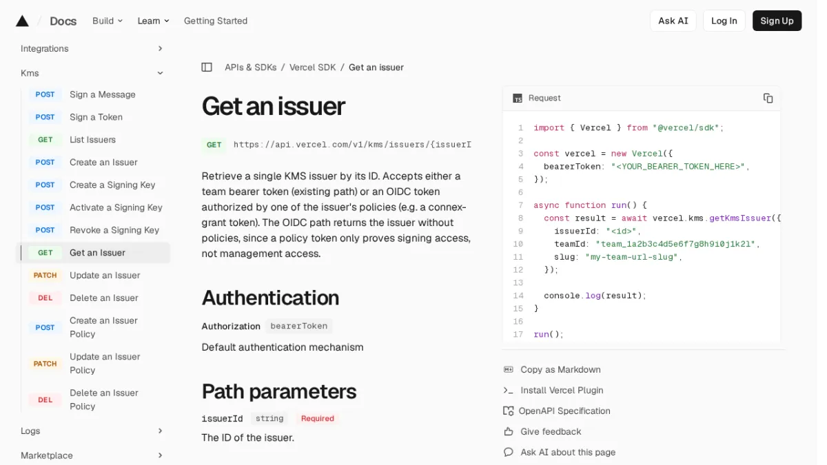 Get an issuer | Vercel SDK