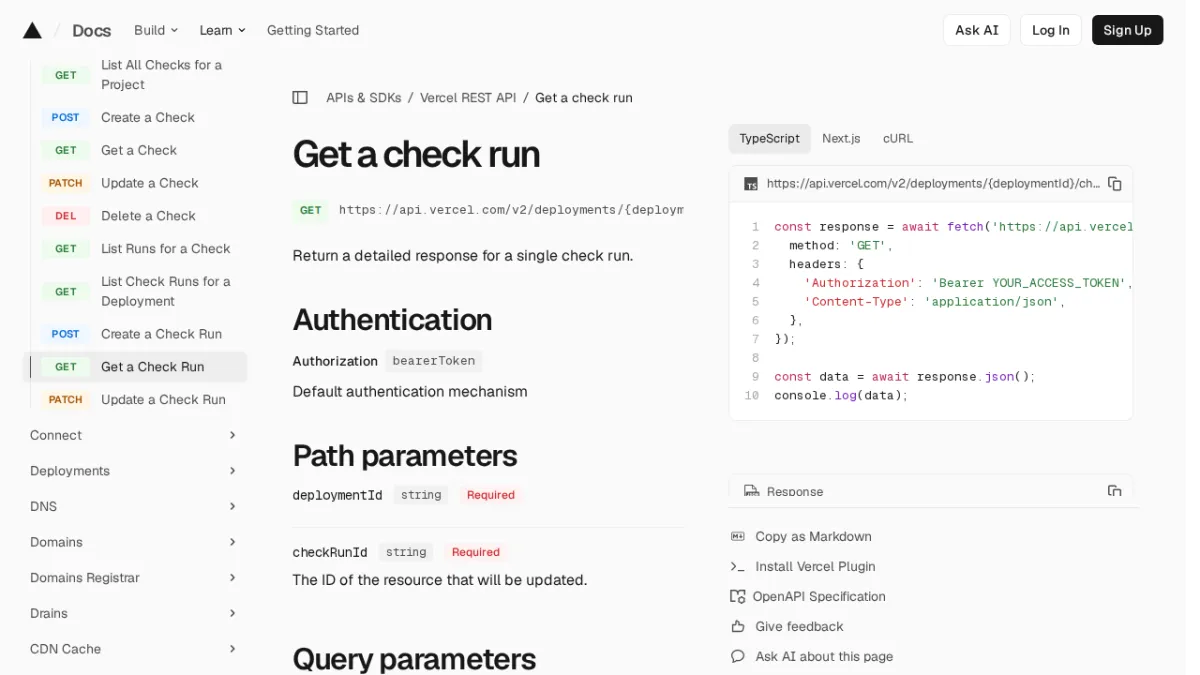 Get a check run | Vercel REST API