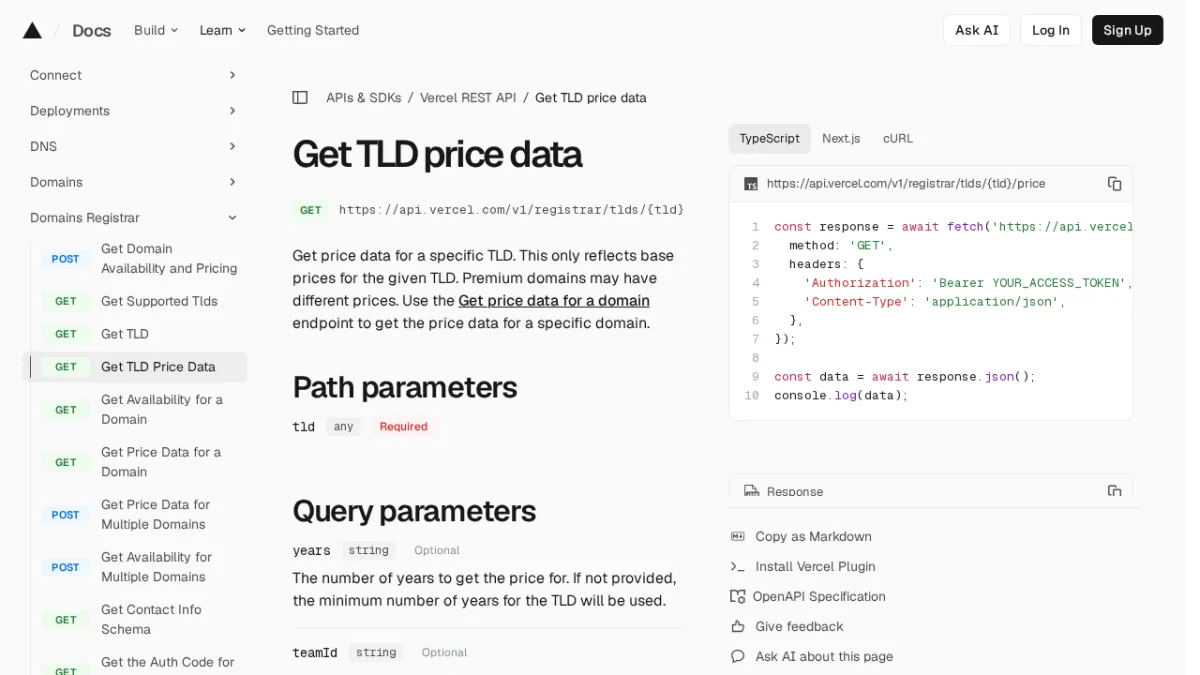 Get TLD price data | Vercel REST API